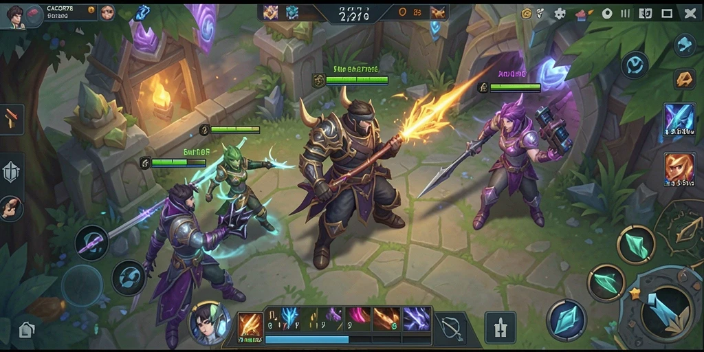 Screenshot gameplay menunjukkan aksi seru dalam skenario MOBA.