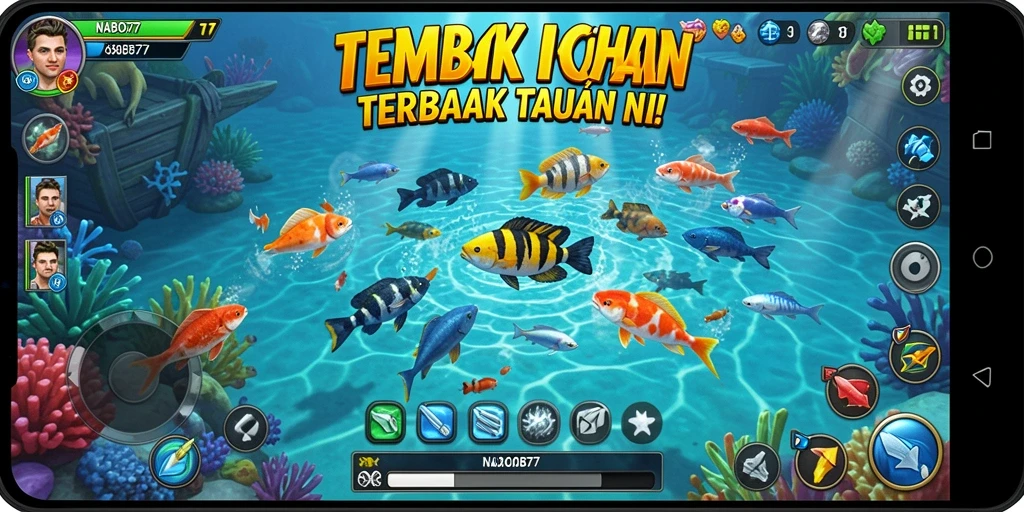 Gameplay seru NABOB77 saat menembak ikan berwarna-warni.