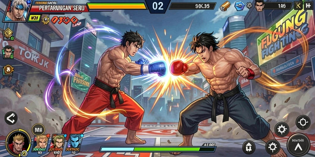 Screenshot utama OKJK menampilkan aksi intens dalam pertarungan Fighting.