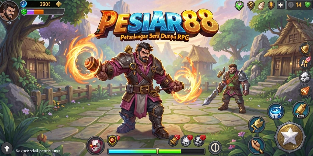 Tangkapan layar utama PESIAR88 menampilkan aksi pertempuran RPG yang intens.