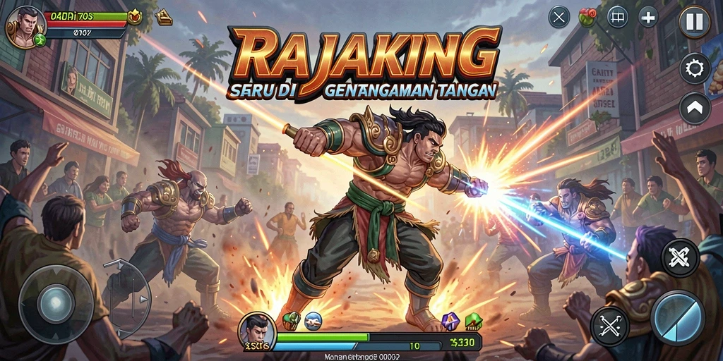 Gameplay RAJAKING yang menegangkan dan penuh aksi di arena pertarungan.