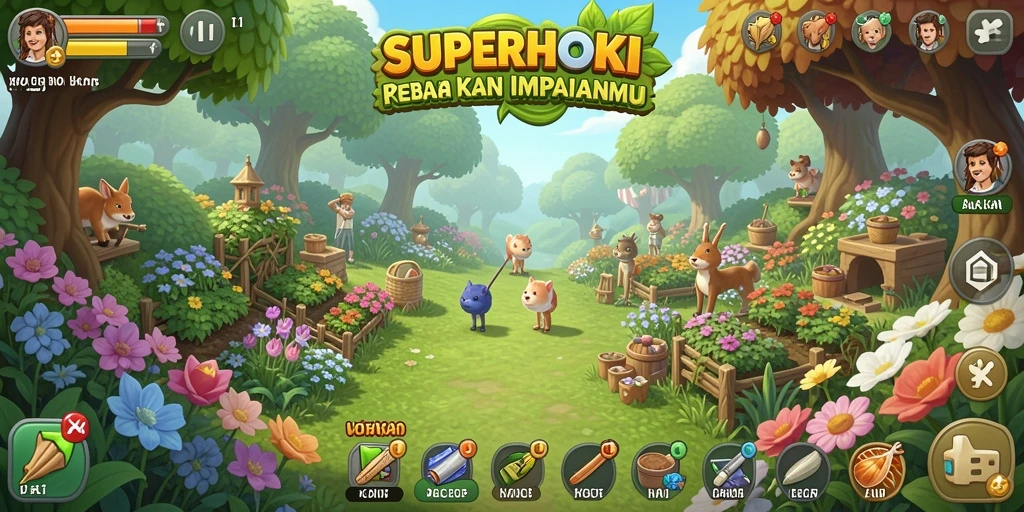 Tampilan mengesankan dari gameplay SUPERHOKI dengan kebun yang subur.