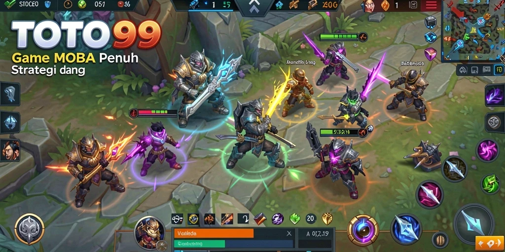Screenshot gameplay TOTO99 menampilkan aksi pertempuran MOBA yang intens.